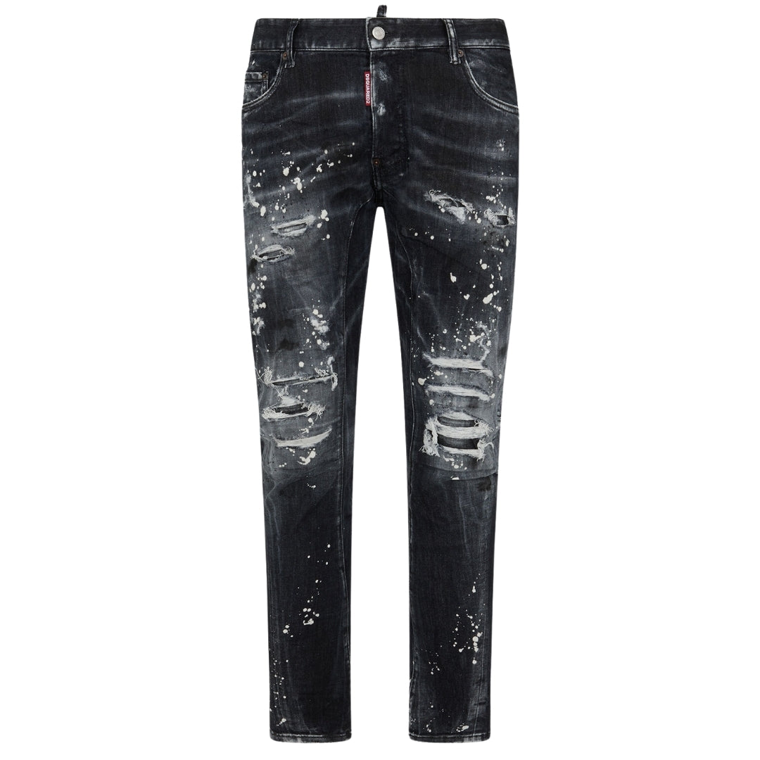 Dsquared2 Tidy Biker Jean Paint Splash Reinforced Ripped Black Jeans S74Lb1431 S30503 900