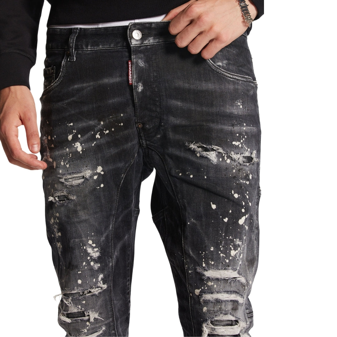 Dsquared2 Tidy Biker Jean Paint Splash Reinforced Ripped Black Jeans S74Lb1431 S30503 900